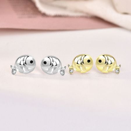 925 Sterling Silver Cute Mini CZ Carp Fish Stud Earrings (5 Pairs) - A pair of 925 sterling silver and a pair of gold-plated carp fish stud earrings, each adorned with a sparkling cubic zirconia stone.