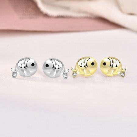 925 Sterling Silver Cute Mini CZ Carp Fish Stud Earrings (5 Pairs) - A pair of 925 sterling silver and a pair of gold-plated carp fish stud earrings, each adorned with a sparkling cubic zirconia stone.