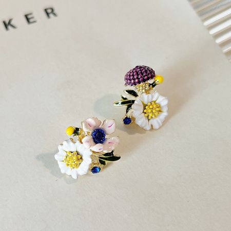 14k Gold Plated Hand Painting Enamel Asymmetrical Flower Stud Earrings (5 pairs) - A set of 5 pairs of 14k gold-plated stud earrings, featuring hand-painted enamel flowers with white petals, gold accents, and colorful centers.