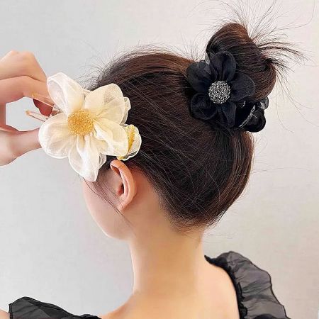 Product showcase of floral hair clips in beige and black.