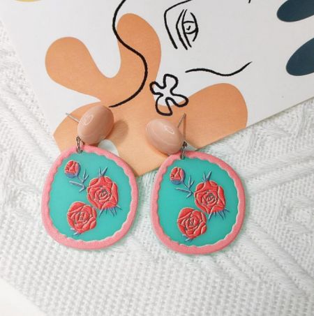 Korean Fashion Cute Flower Acrylic Women Earrings - A close-up of Korean fashion cute flower acrylic earrings, featuring a floral design with red roses on a teal background. Style JRE-171.