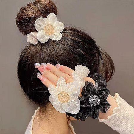 Lace Hair Accessory with Shiny Organza Flower Design Scrunchie (Set of 5) - A set of elegant lace hair scrunchies with shiny organza flower designs, shown in both beige and black.