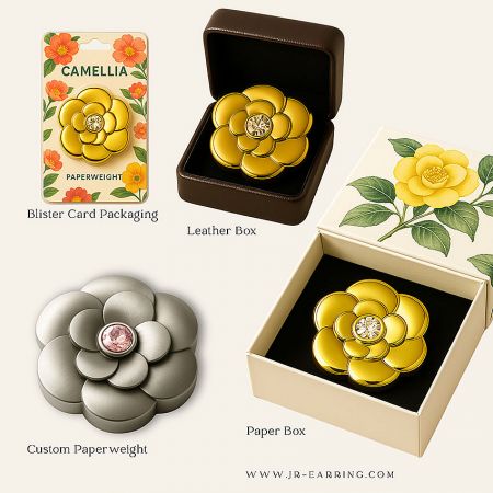 A beautiful flower-shaped metal paperweight shown with various custom packaging options like leather and paper boxes.