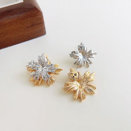 Two-Way Wear Silver & Gold Leaf Flower Stud Earrings (Set of 5 Pairs) - A set of two-way wear leaf-flower stud earrings in silver and gold, displayed on a clean white background.