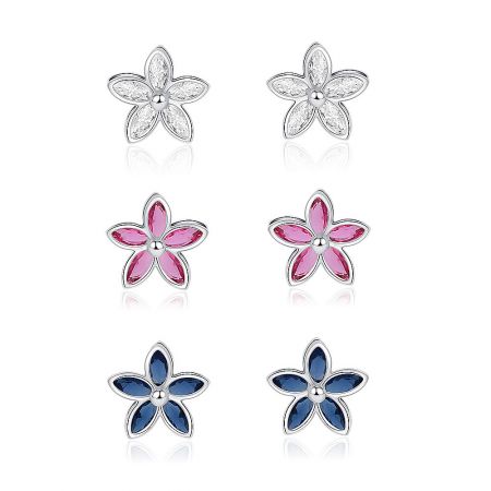 Set of 3 Colors Flower Stud Earrings - A set of three pairs of flower-shaped stud earrings with rhodium plating, featuring clear, light rose, and Montana blue cubic zirconia stones.