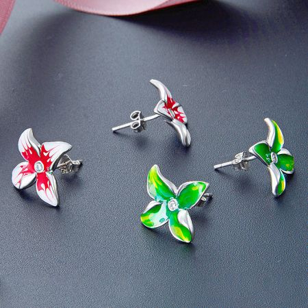 925 Sterling Silver Red & Green Enamel 3D Flower Stud Earrings - A collection of 925 sterling silver 3D flower stud earrings with vibrant red and green enamel detailing, displayed on a dark background.