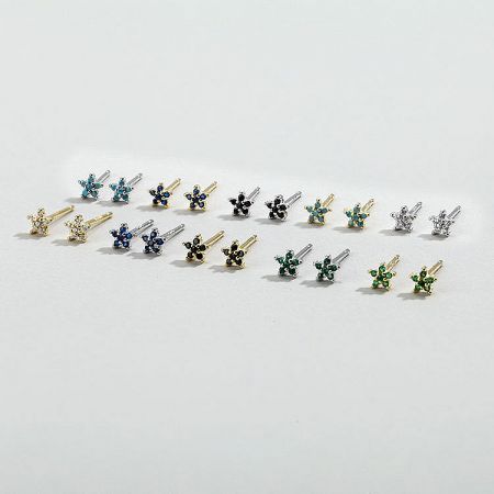 925 Sterling Silver Tiny Color Zirconia Flower Stud Earrings (5 pairs) - A vibrant collection of 925 sterling silver flower stud earrings with tiny, colorful zirconia stones, displayed in various gemstone colors.