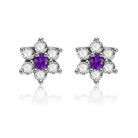 Silver Flower Amethyst Stud Earring - A pair of Silver Flower Amethyst Stud Earrings, crafted from 925 sterling silver, featuring a central purple amethyst cubic zirconia surrounded by clear gemstone petals.