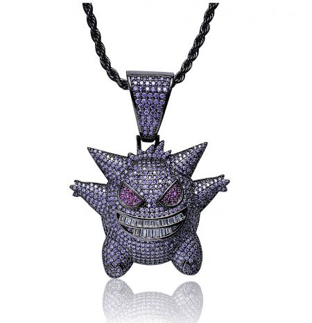 Purple Iced Pendant In Black Gold - Custom purple iced out Gastly character pendant in black gold, adorned with sparkling cubic zirconia stones, by JR Fashion Accessories.