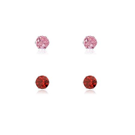 3mm Cubic Zirconia Earring Studs 2 in 1 - A set of four 3mm cubic zirconia stud earrings in vibrant pink and red, featuring brilliant-cut stones in gold-plated brass settings, offered by JR Fashion Accessories.