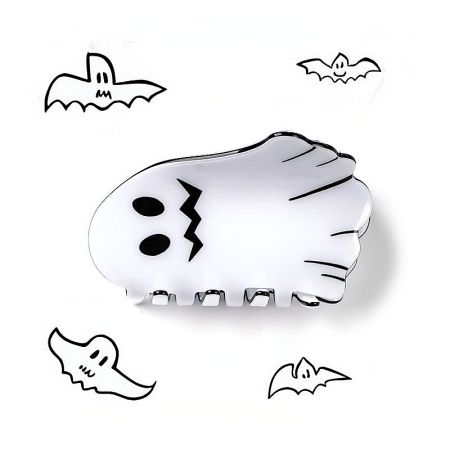 A detailed product shot of a ghost hair claw clip, perfect as a festive Halloween accessory.