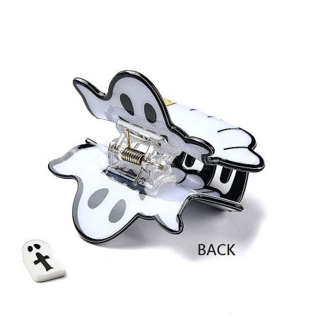 Close-up view of a single white ghost-shaped hair clip, showing the durable PVC material and spring mechanism.