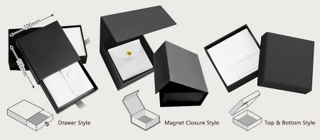 Diagram showing three types of rigid gift boxes: Drawer Style, Magnet Closure Style, and Top & Bottom Style.