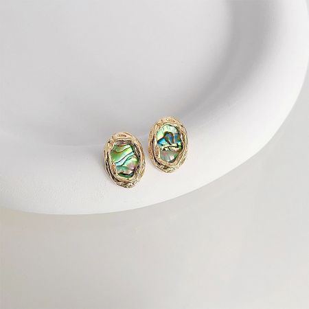 14k Gold Plated Oval Abalone Shell Stud Earrings (Set of 5 Pairs) - A set of five pairs of 14k gold-plated oval stud earrings featuring vibrant abalone shell inlays, displayed on a white surface.
