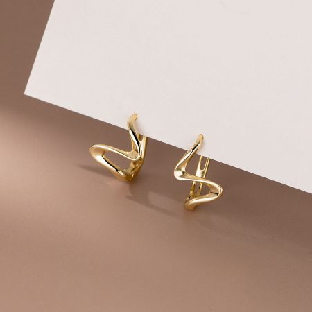 S925 Minimalist Sculptural Wave Cuff Earrings (Set of 5 Pairs) - A pair of S925 minimalist sculpt cubic wave cuff earrings in a radiant gold finish, showcasing their unique abstract design on a clean white background.