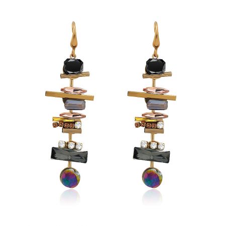 Vintage Bride Earrings - A pair of Vintage Bride Earrings (JRE-071) with a gold-plated, multi-layered abstract design, adorned with various colorful gemstones.