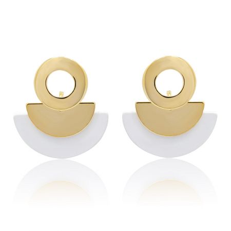 Geometric White Gold Fan Earrings - A pair of Geometric White Gold Fan Earrings, showcasing their minimalist design with gold-plated brass and a clean white epoxy finish.