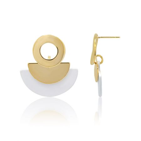 Detailed view of the Geometric White Gold Fan Earrings, highlighting the sleek contemporary design and the contrast between gold and white materials.