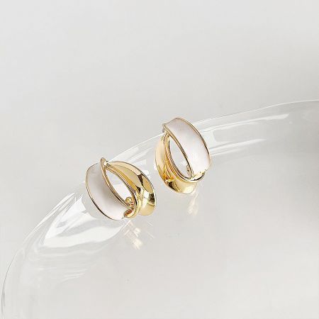 14k Gold Plated White Enamel Geometric Design Stud Earrings (5 Pairs) - A set of five 14k gold-plated stud earrings with white enamel geometric designs, elegantly displayed on a transparent stand.