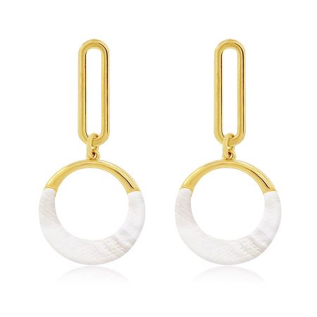 Summer Hollow Round Shell Earrings - Summer Hollow Round Shell Earrings featuring a distinctive half-gold and half-white circular pendant, crafted from gold-plated brass with a natural white shell inlay.