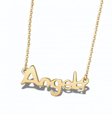 Customizable Name Necklace in Stainless Steel - Customizable name necklace JRN-041 in gold-plated stainless steel, shown with an 'Angel' pendant, by JR Fashion Accessories.