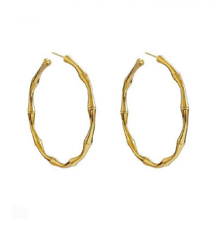 Bamboo Earrings Textured Medium Hoops Wholesale - Close-up of gold bamboo-textured medium hoop earrings (JRE-109), highlighting the intricate bamboo-like segments and polished gold plating.