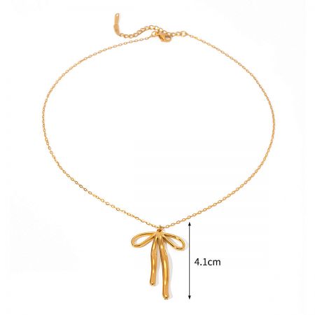 Stainless Steel Gold Elegant Knot Bow Pendant Necklaces Set of 5 - Detailed product shot of a gold-plated stainless steel necklace featuring an elegant knot bow pendant.