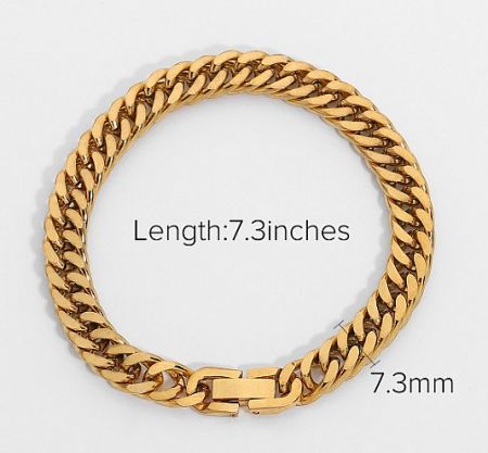 Detailed view of the 18k gold plated bangle, highlighting its 7.3mm thickness.