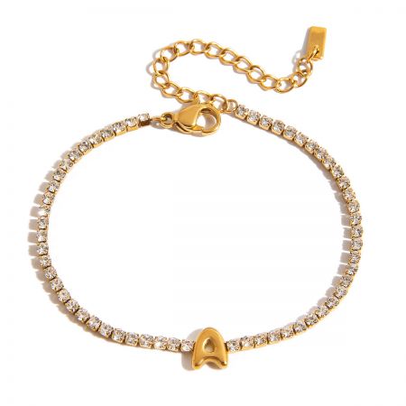 Detailed shot of the 'A' initial charm bracelet with clear gemstones on a gold-plated stainless steel chain.