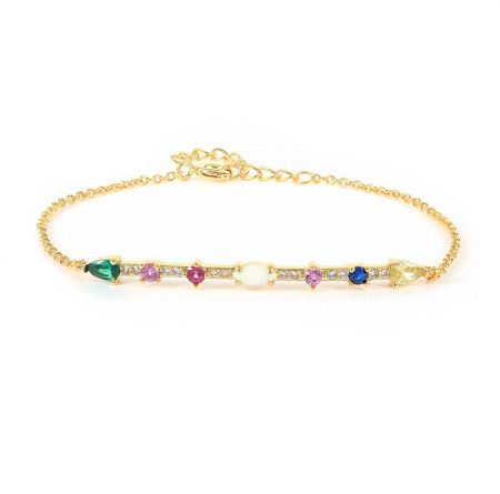 Multi-Color Cubic Zirconia Bracelet - A stunning gold-plated tennis bracelet featuring a continuous line of vibrant, multi-colored cubic zirconia gemstones on a clean white background.
