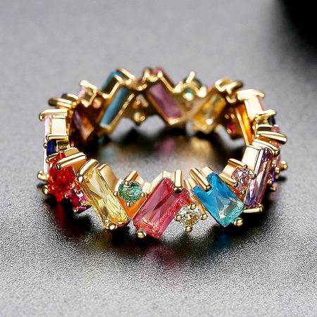 Side view of the ZigZag Rainbow Baguette Ring, highlighting the zigzag pattern of the band.
