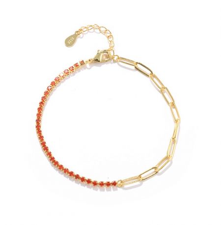 Link Chain Tennis Bracelet - Close-up of a gold link chain tennis bracelet with orange gemstones, showcasing the detailed craftsmanship and 14k gold clasp.