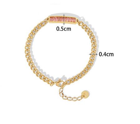 Detailed view of the gold plated bangle showing the clasp and pink crystal embellishments.