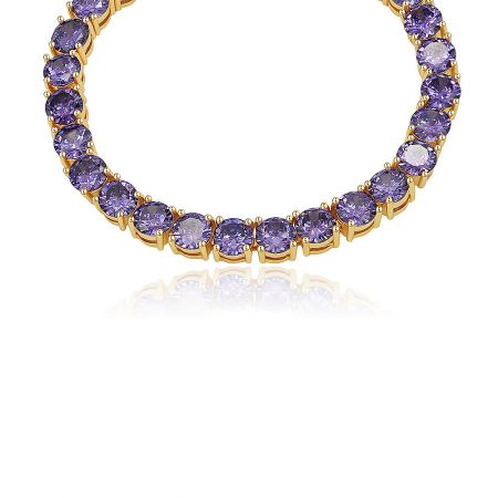 A classic gold tennis bracelet featuring a full row of sparkling purple cubic zirconia stones.