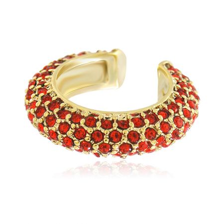 Close-up of the handmade Real Gold Red Ear Cuff, showing the intricate setting of the cubic zirconia stones.