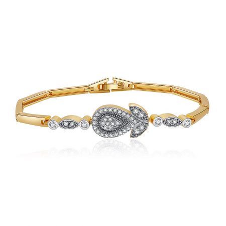 Flower Two Tone Bar Bracelet - The Flower Two Tone Bar Bracelet featuring a gold band and a central teardrop decoration set with clear cubic zirconia stones on a white background.
