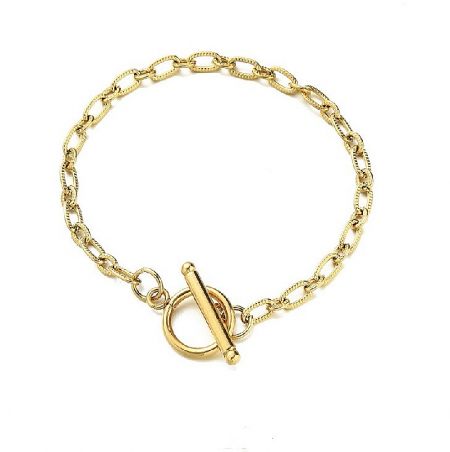 Stainless Steel Toggle Bracelet - Close-up of the gold-plated stainless steel toggle bracelet JRH-028, showcasing its polished finish and classic toggle clasp.