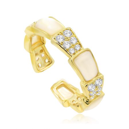 Close-up view showcasing the fine details of the shell pearl and pave-set cubic zirconia on the snake ring.