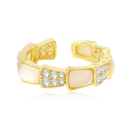 Natural White Shell Snake Ring - A detailed product view of the Natural White Shell Snake Ring, highlighting its intricate gold-plated brass design, lustrous white shell pearl, and sparkling cubic zirconia stones.