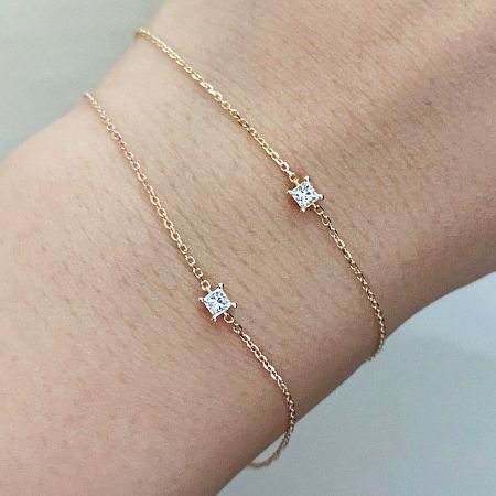 925 Sterling Silver Stackable Single Square Cubic Zirconia Stone Solitaire Minimalist Bracelet Set of 5 - A set of two 925 sterling silver stackable minimalist bracelets, each featuring a single square cubic zirconia stone, displayed on a neutral background.