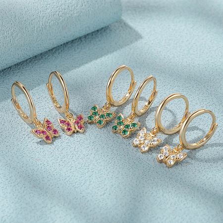 Close-up view of the butterfly zircon drop earrings, available in multiple gemstone colors.
