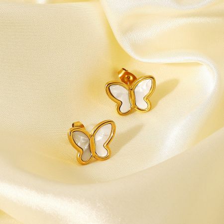 Stainless Steel Gold Mother of Pearl Butterfly Stud Earring (5 pairs) - A pair of stainless steel gold mother of pearl butterfly stud earrings elegantly displayed on a cream-colored satin background.