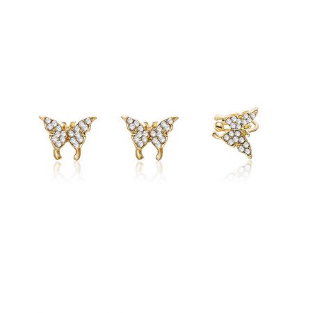 Minimalist Butterfly Ear Cuff And 2pcs Post Earring - A set of three minimalist butterfly earrings, including one ear cuff and two studs, in gold plating with clear crystal accents, displayed on a white background.