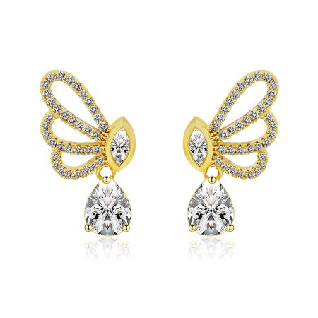 Tear Drop CZ Butterfly Dangle Studs - A close-up of the Tear Drop CZ Butterfly Dangle Studs, showcasing the intricate gold-plated butterfly design with marquise and pear-shaped white cubic zirconia stones.