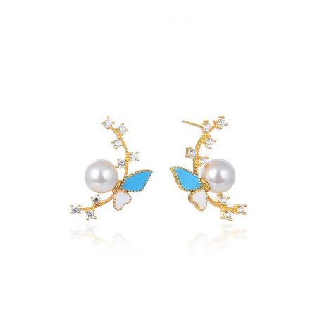 925 Sterling Silver Pearl Butterfly Earrings - A pair of 925 sterling silver pearl butterfly earrings with gold plating, featuring blue and white enamel details and sparkling cubic zirconia gemstones.