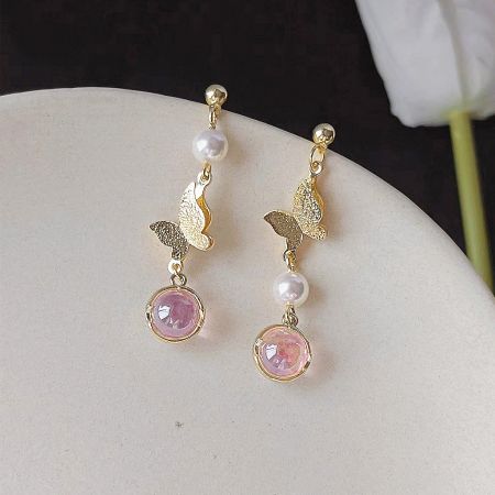 14k Gold Plated Butterfly Asymmetrical Resin Pearl Glass Ball Drop Earrings (5 pairs) - A pair of 14k gold plated butterfly drop earrings with resin pearls and pink gemstones, part of an asymmetrical earring set.
