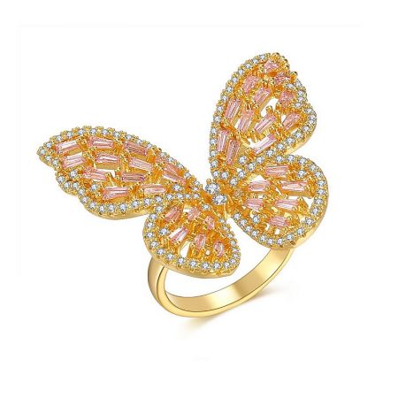 Adjustable butterfly ring with delicate pink and white cubic zirconia stones, shown from an angle.