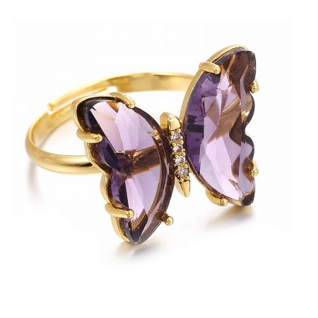 Gold Butterfly Ring Adjustable Ring - Adjustable gold butterfly ring featuring vibrant purple gemstone wings and sparkling cubic zirconia accents.