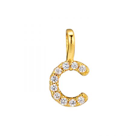 Detailed view of the gold letter 'C' pendant, highlighting its sparkling zircon embellishments.