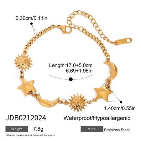 Wholesale Gold Stainless Steel Moon Sun Star Bracelet Set of 5 - Model wearing the gold stainless steel celestial charm bracelet set, featuring moon, sun, and star charms. A non-tarnish and hypoallergenic summer jewelry piece.